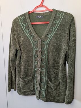 VINTAGE Women Cardigan Green Color Super Soft Size M Button Closure Moffi Brand